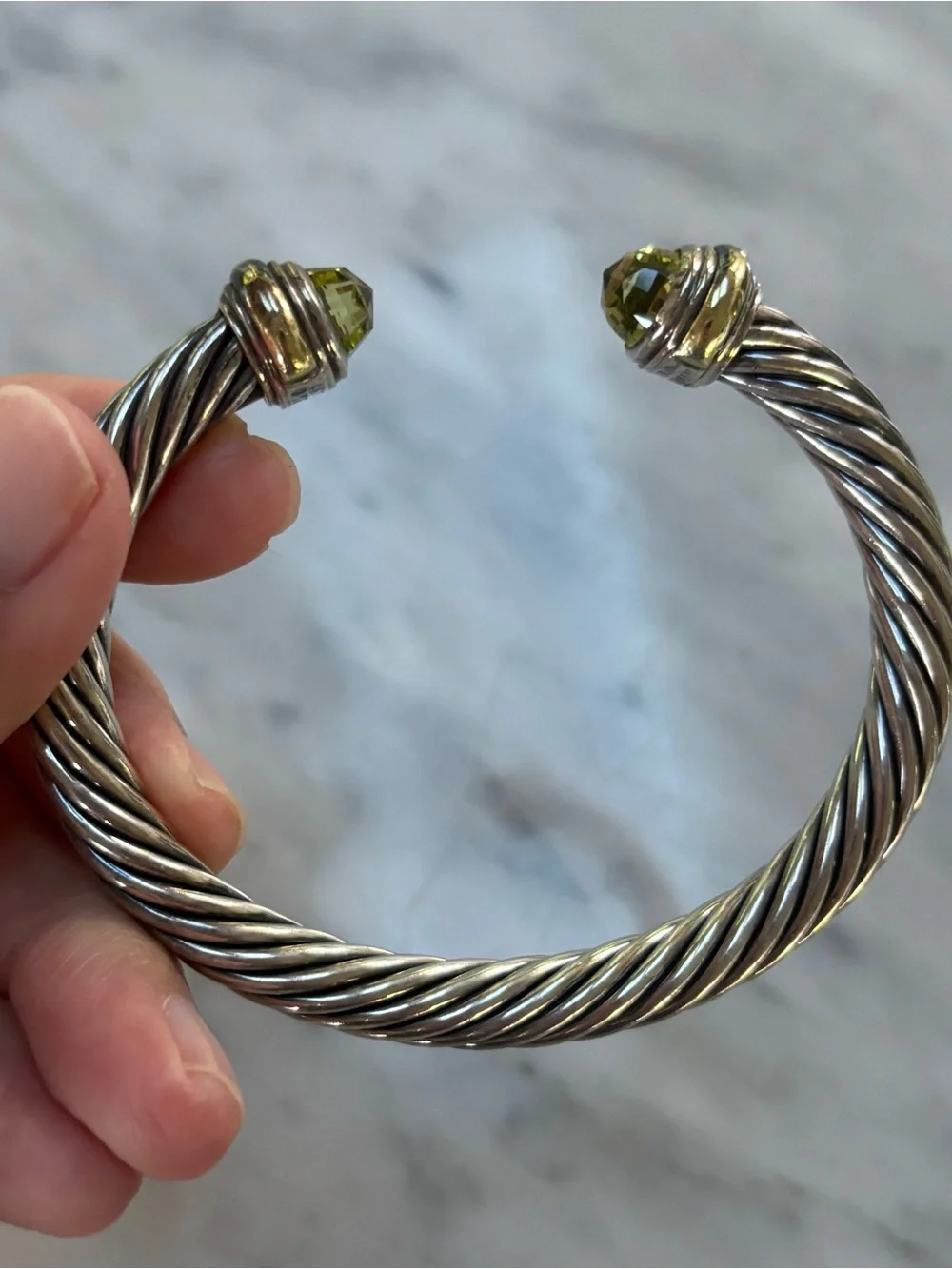 David Yurman Silver Twisted Cable Classics Open Cuff with Green Gemstone Ends